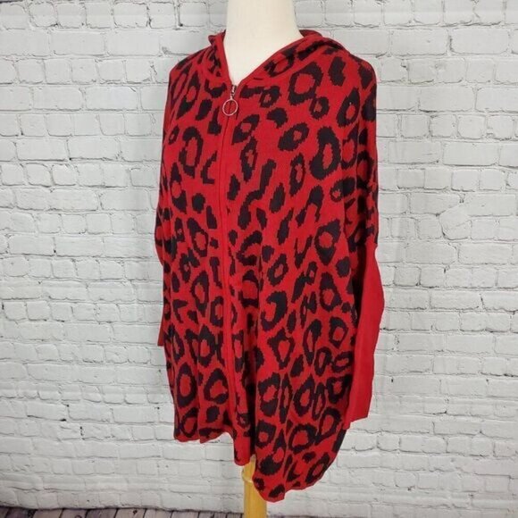 JOSEPH A Modern Leopard Hooded Zip Front Sweater M NWT Red Black - Picture 3 of 8